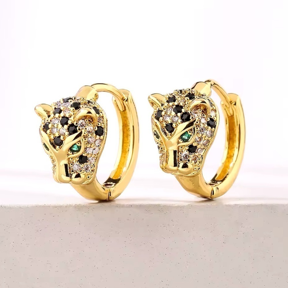 18K Gold Pavé Diamond Panther Designer Inspired Huggie Hoop Dangle Drop Earrings